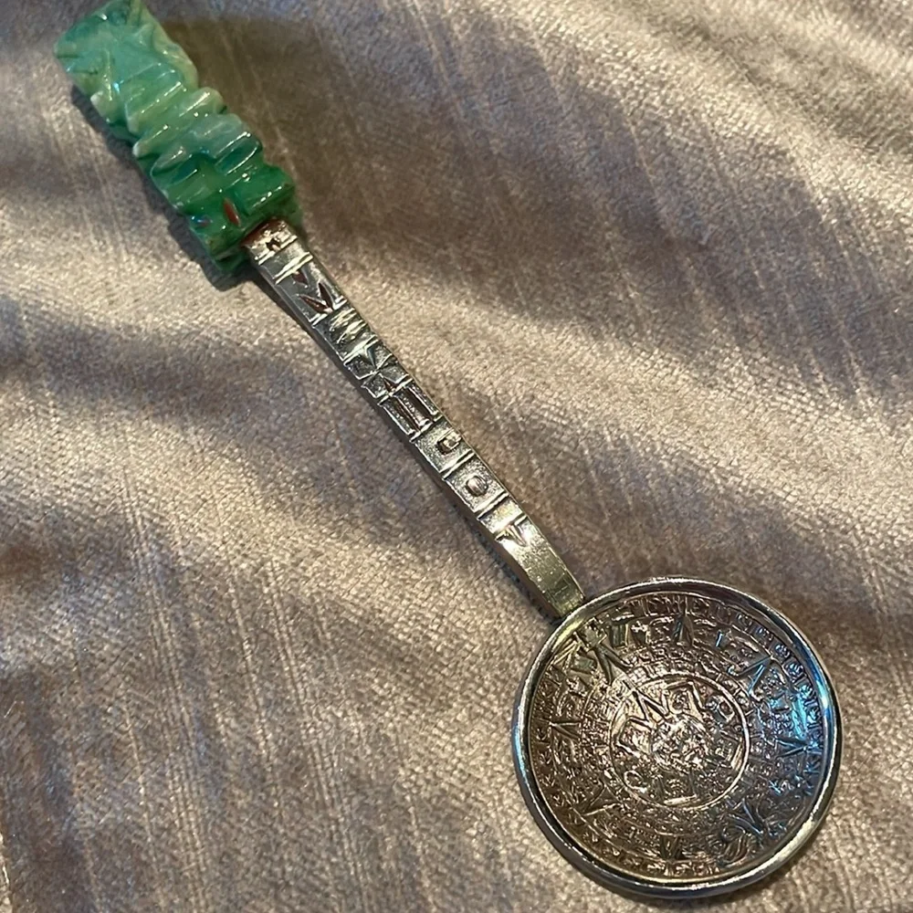 Mexican Green Jade Mayan Calendar Spoon Silver 4 1/4”